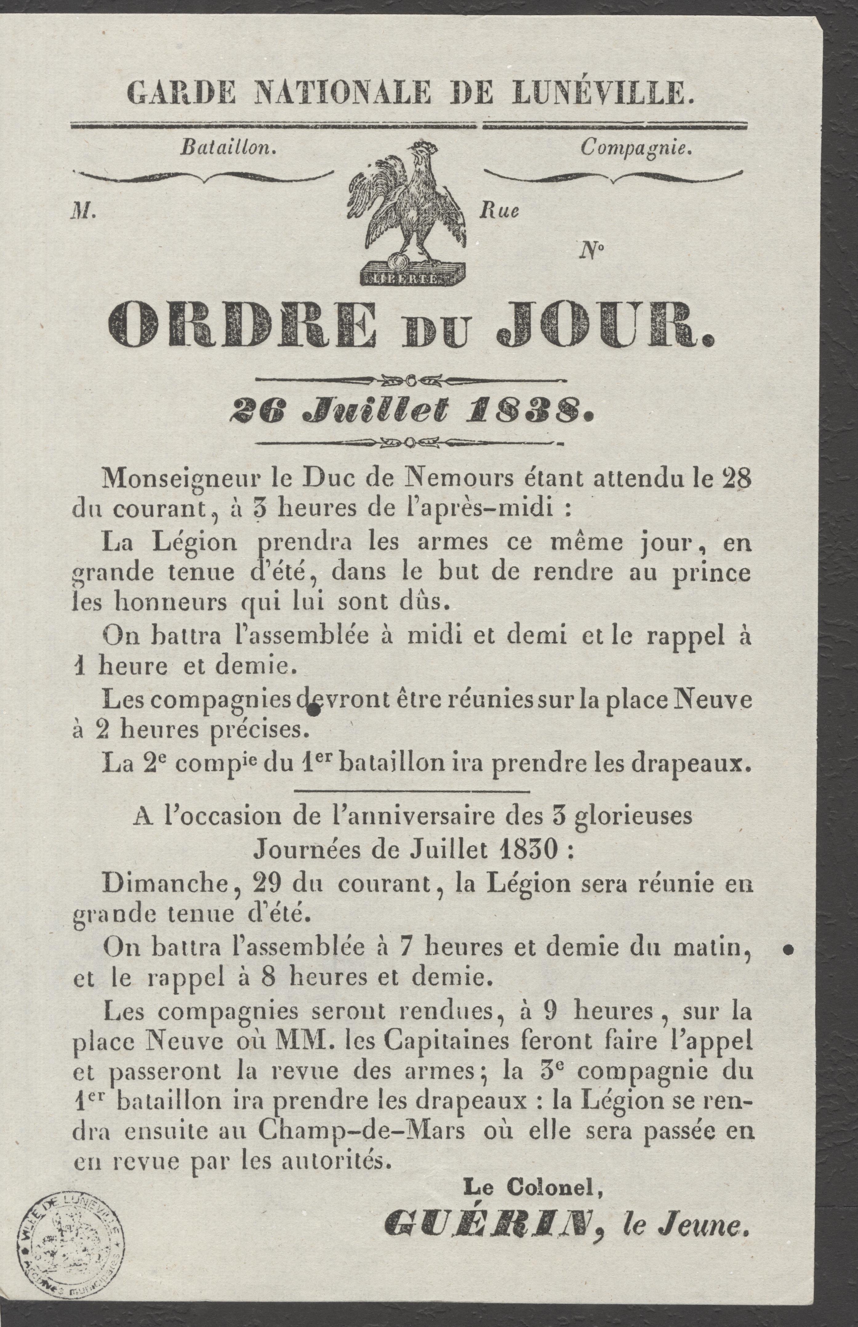 Contenu du Ordre du jour. 26 juillet 1838