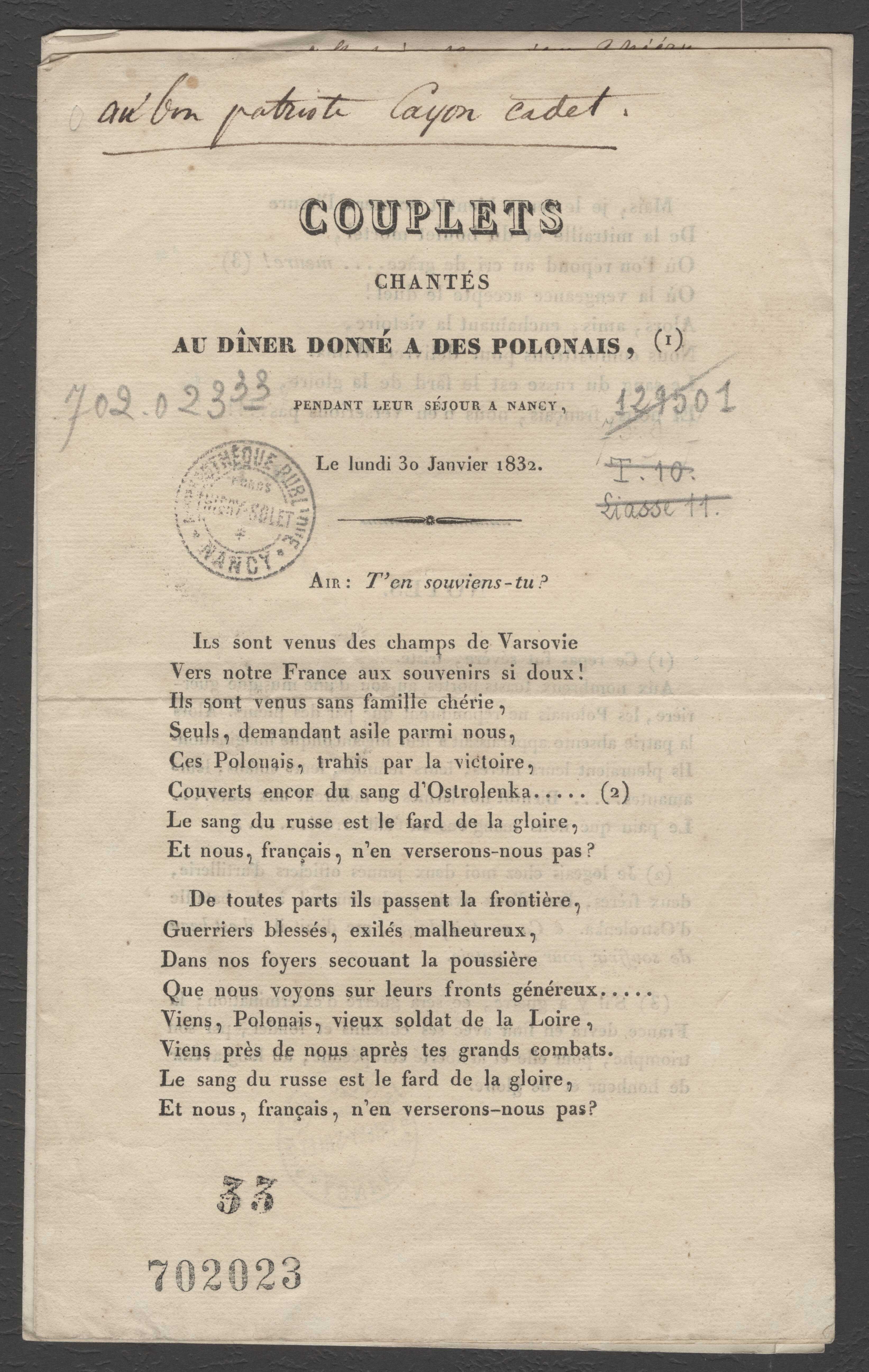 Contenu du Couplets chantés au dîner donné à des Polonais pendant leur séjour à Nancy, le lundi 30 janvier 1832 / [Par J. T.]