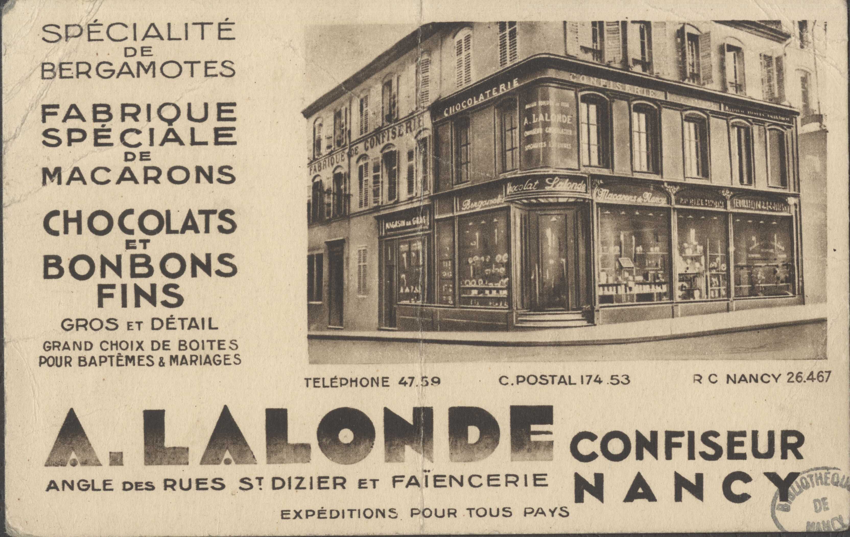 Contenu du A. Lalonde, Confiseur, Nancy