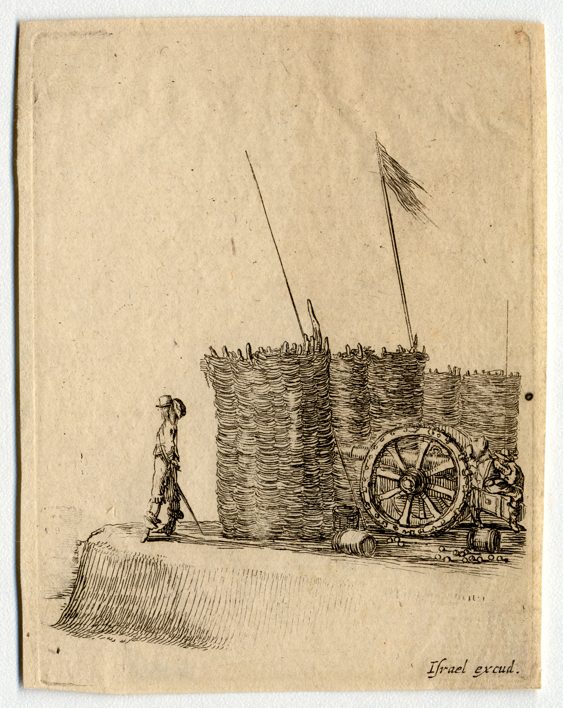 Contenu du Recueil de diverses pièces très nécessaires à la fortification : Un canon protégé d'un côté par des gabions et manœuvré par trois soldats