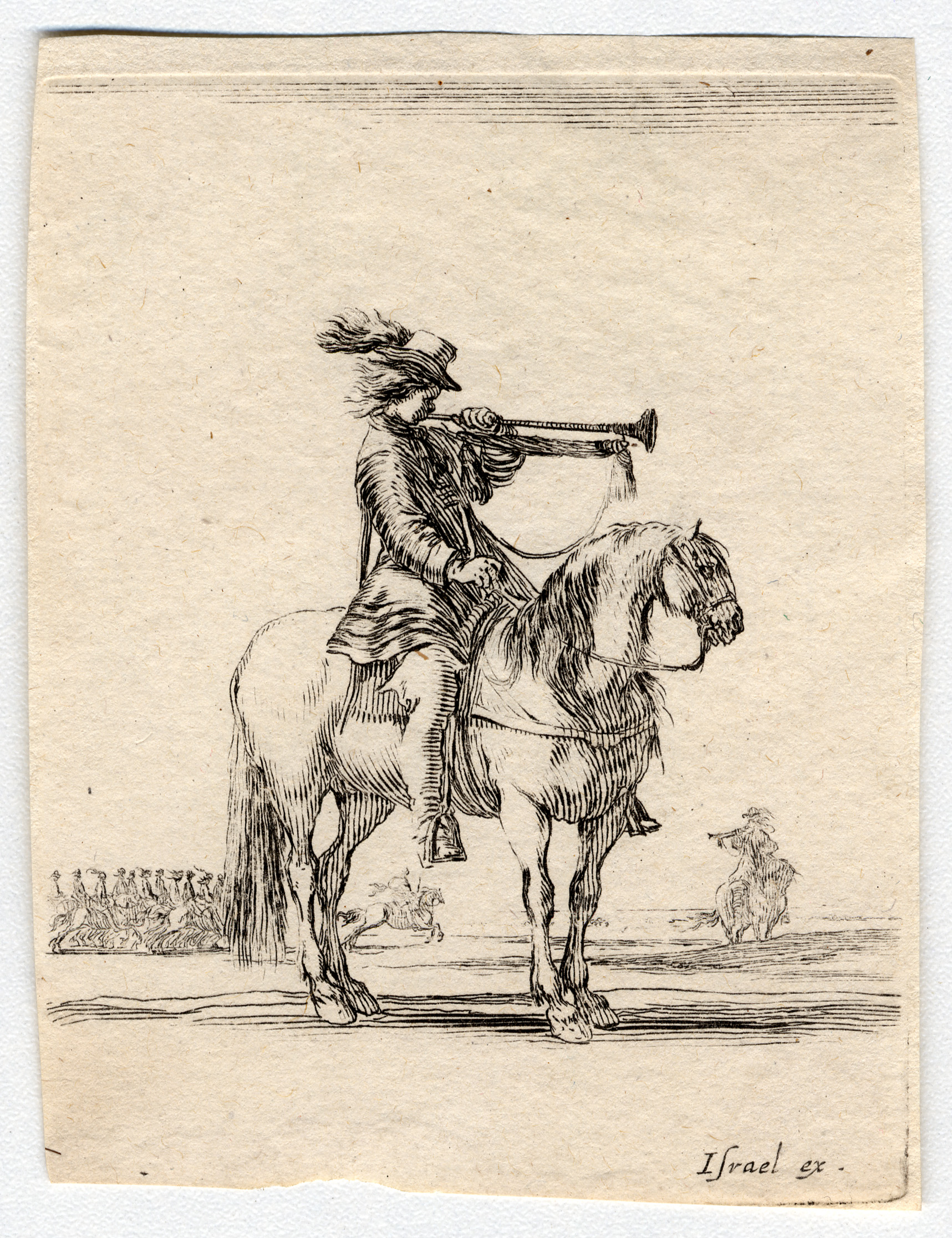 Contenu du Divers exercices de cavalerie : Trompette à cheval, jouant de son instrument