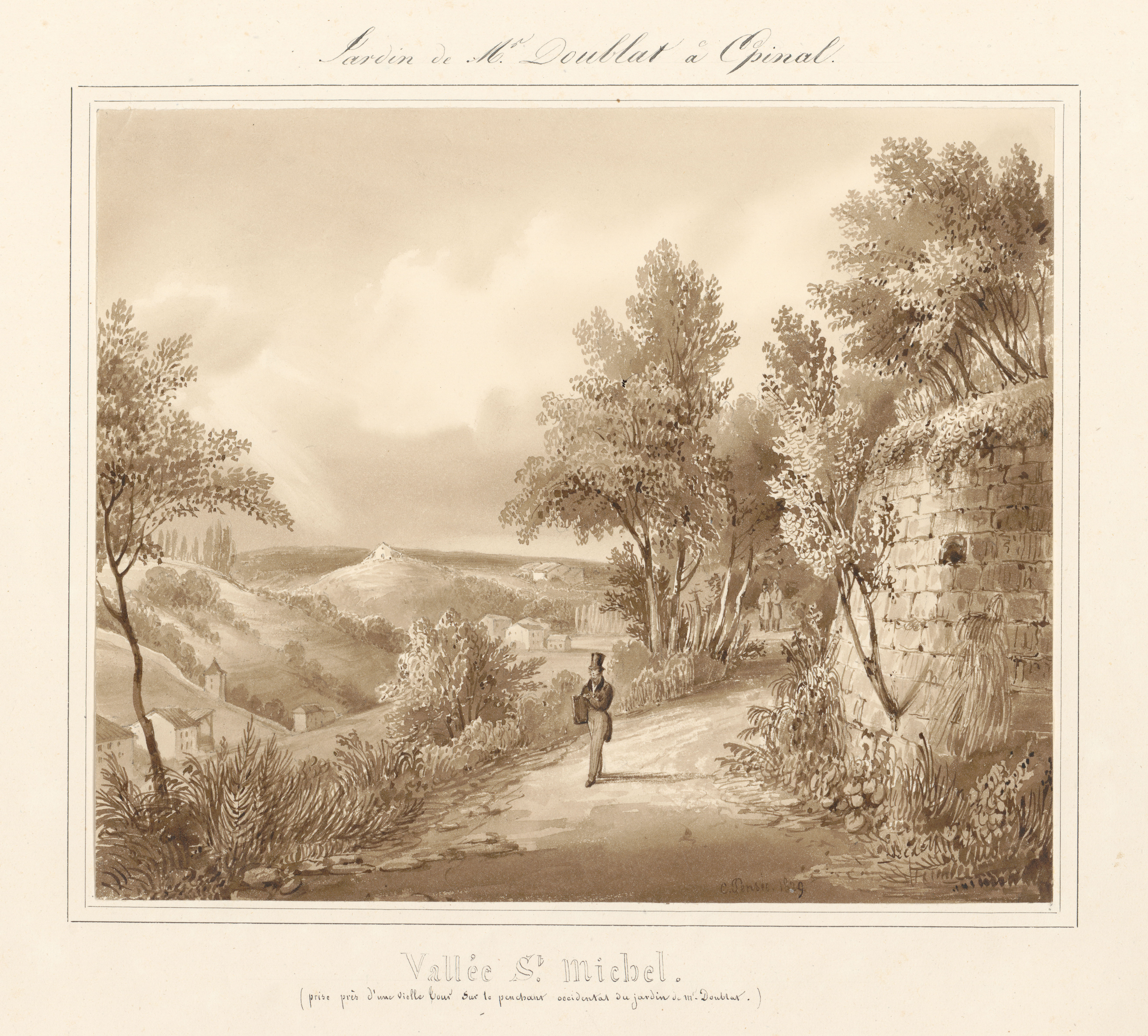 Contenu du Le château d'Epinal : Vallée Saint-Michel (prise près d'une vieille cour sur le penchant occidental du jardin de Mr Doublat), par Charles Pensée en 1829