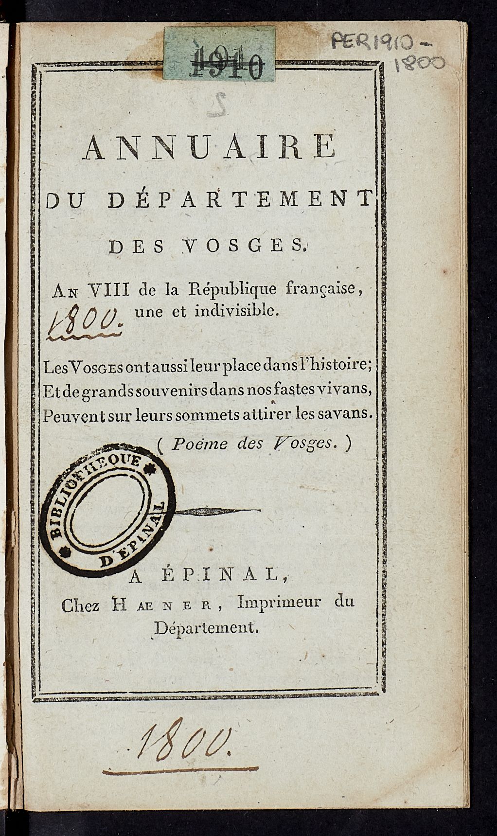 Contenu du Annuaire du département des Vosges, an VIII de la République française une et indivisible
