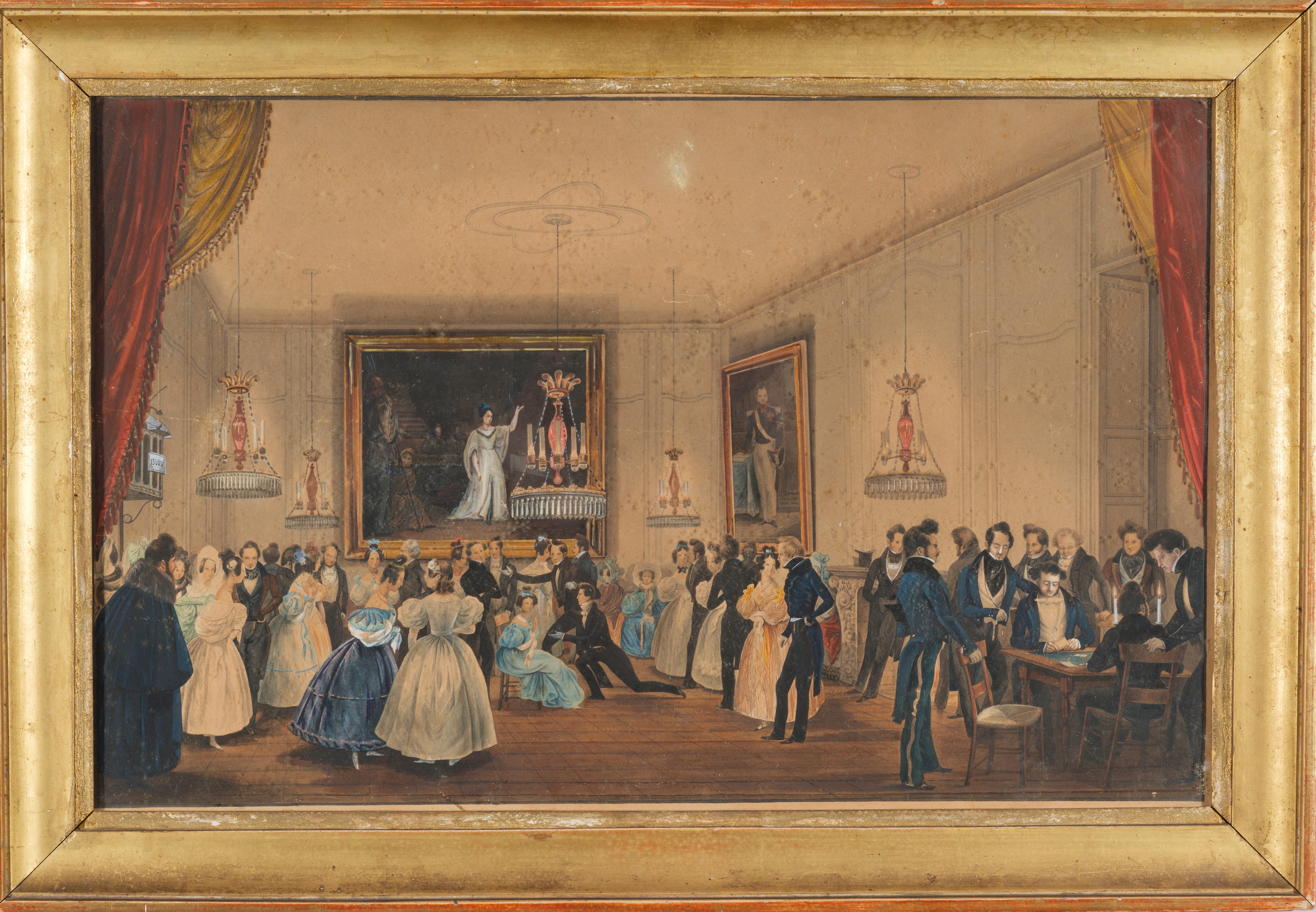 Contenu du E. Ravignat, Un bal dans un salon de l'hôtel-de-Ville sous la Restauration, entre 1834 et 1845, aquarelle, inv. 76.1.45, Musée Charles de Bruyères, Remiremont