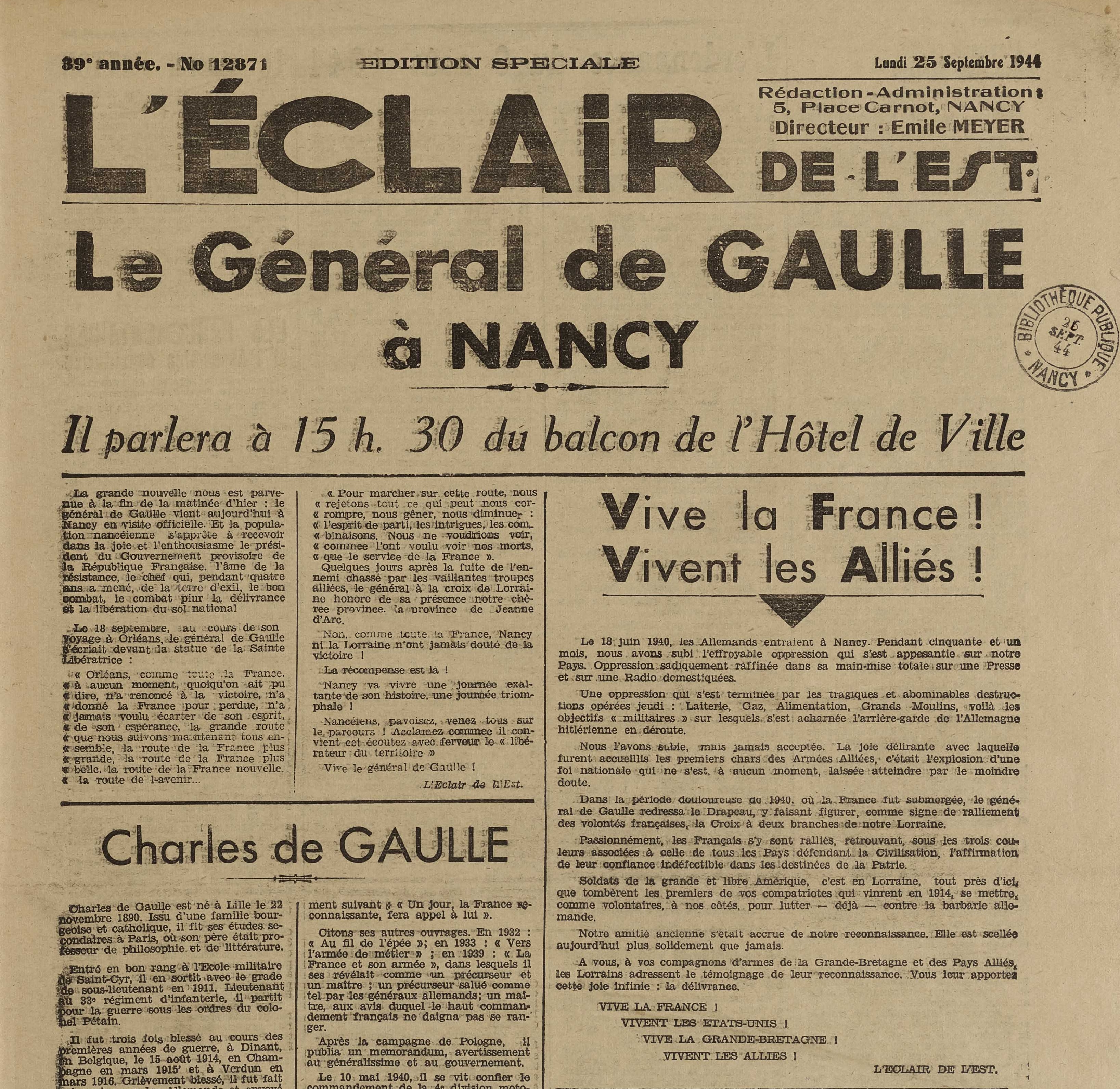 Contenu du Discours du général de Gaulle à Nancy, extrait de l'Éclair de l'Est du 25/09/1944