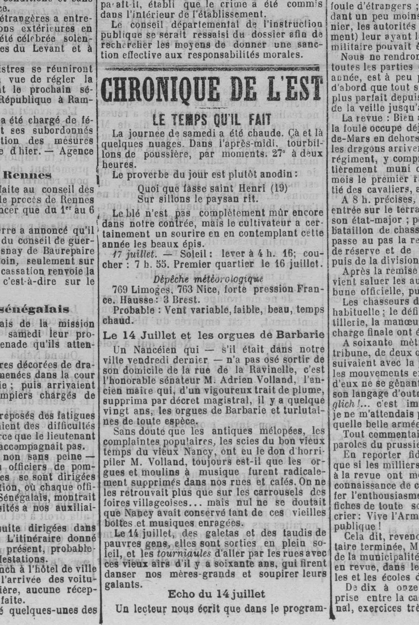 Contenu du "Le temps qu'il fait", L'Est républicain, 16 juillet 1899, p.1