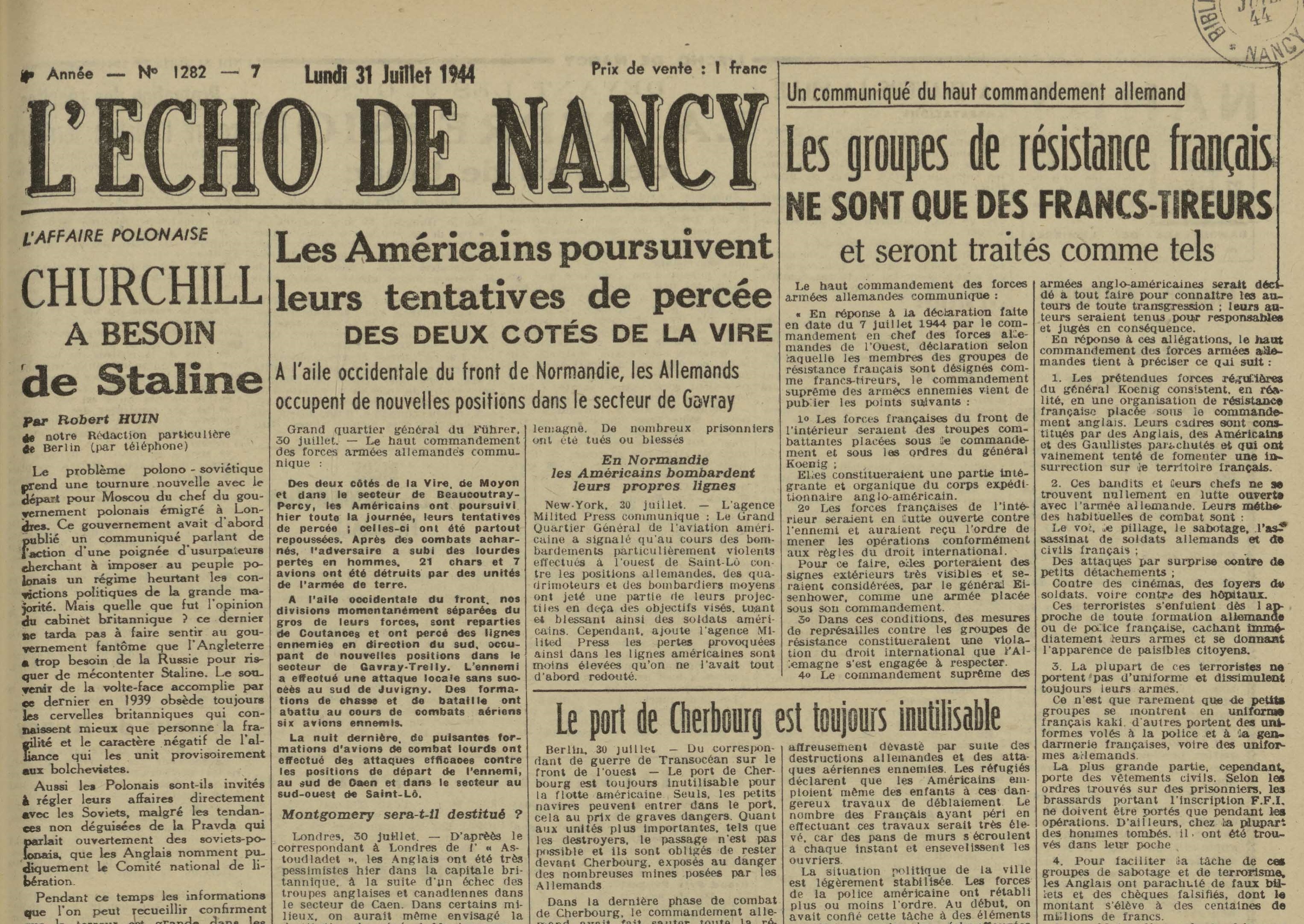 Contenu du Echo de Nancy du 31/07/1944