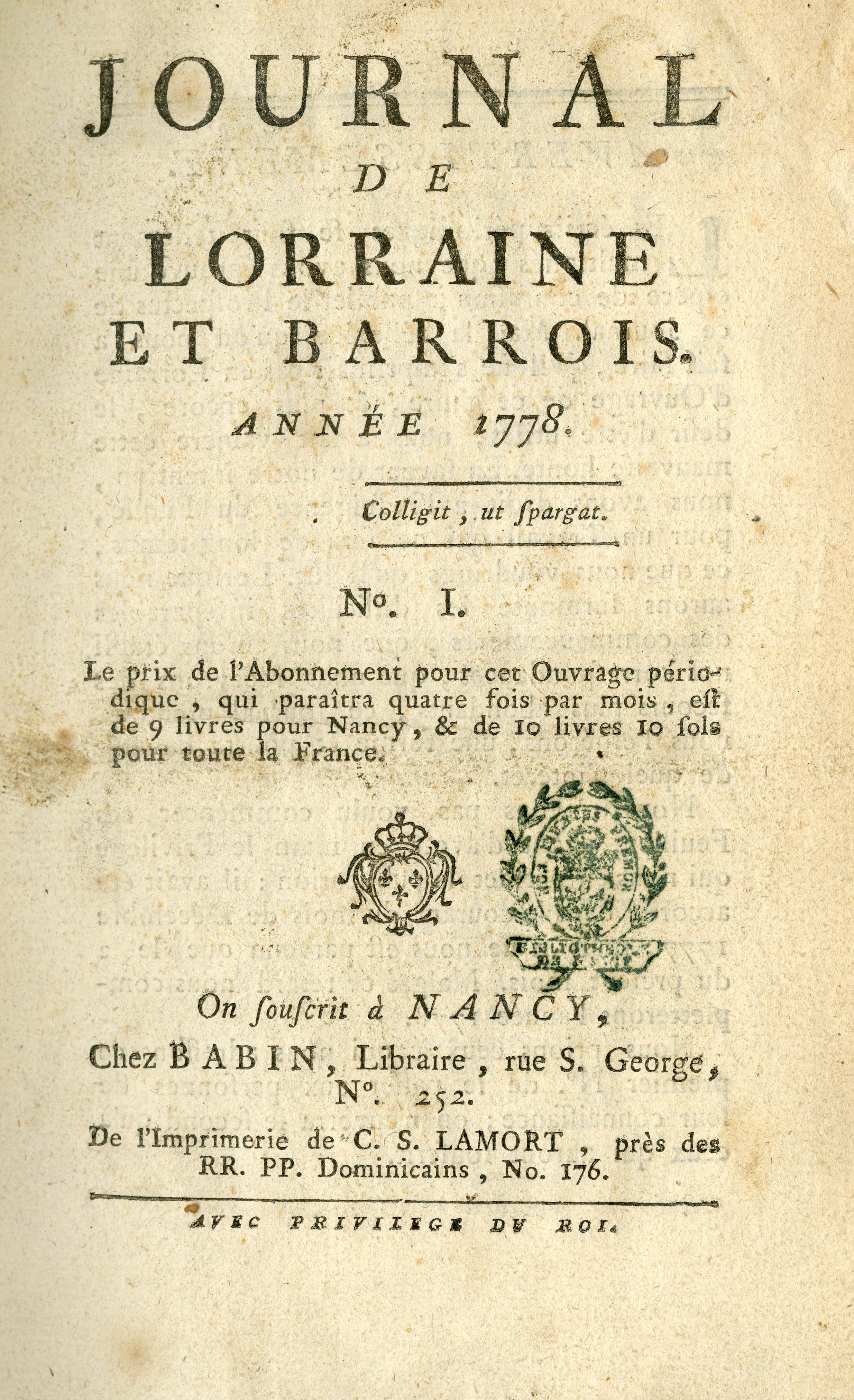 Contenu du Page de titre Journal de Lorrain et Barrois année 1778