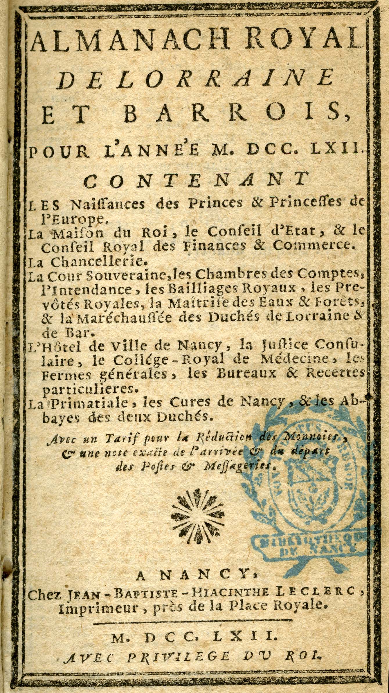Contenu du Page de titre Almanach Royal de Lorraine et Barrois pour l'année M. DCC. LXII.