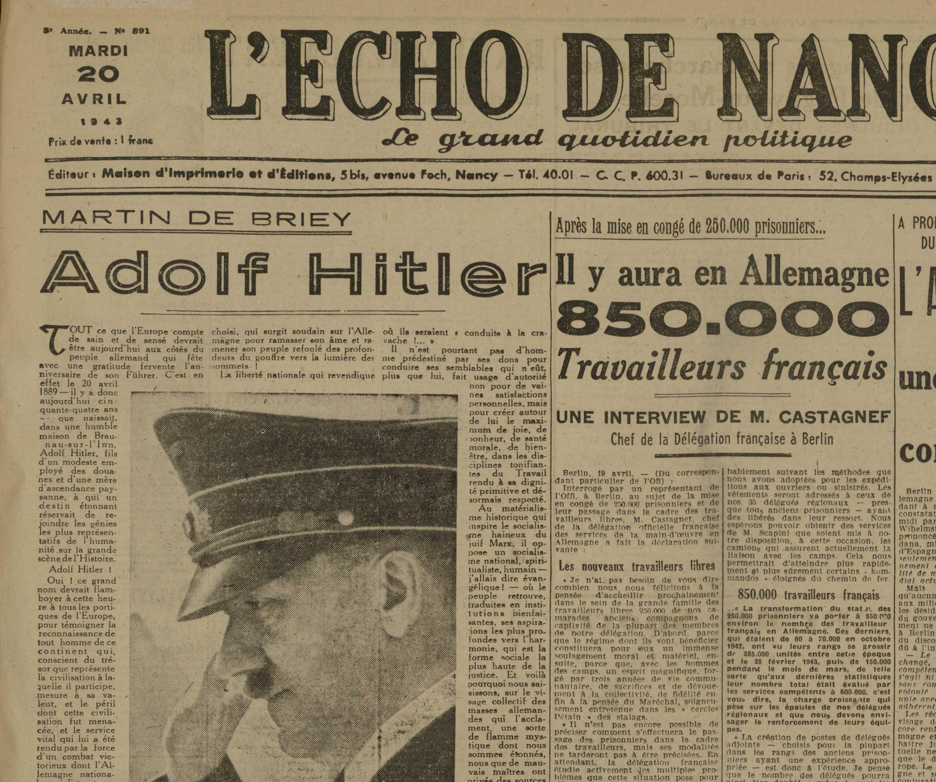 Contenu du Article consacré à Hitler, extrait de l'Écho de Nancy du 20 avril 1943