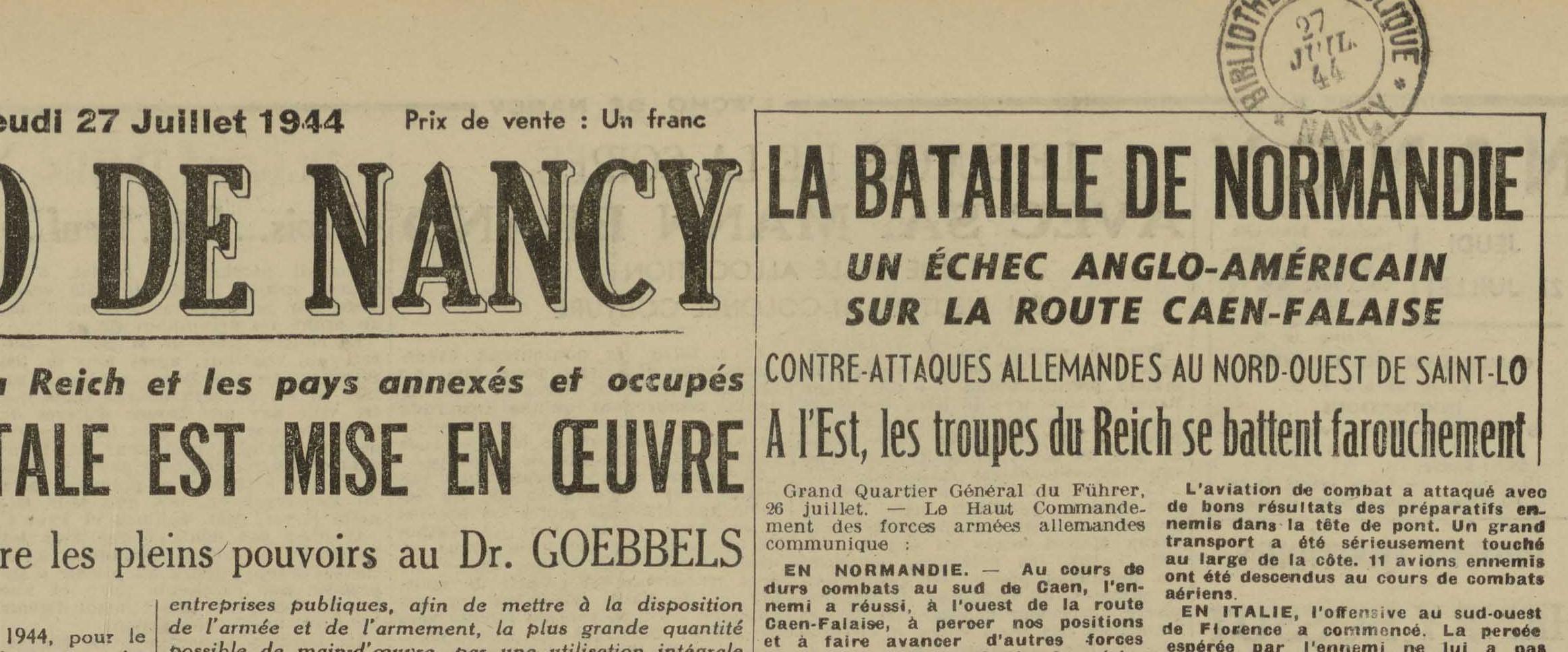 Contenu du Article évoquant l' "échec" de l'offensive alliée en Normandie, extrait de l'Écho de Nancy du 27 juillet 1944