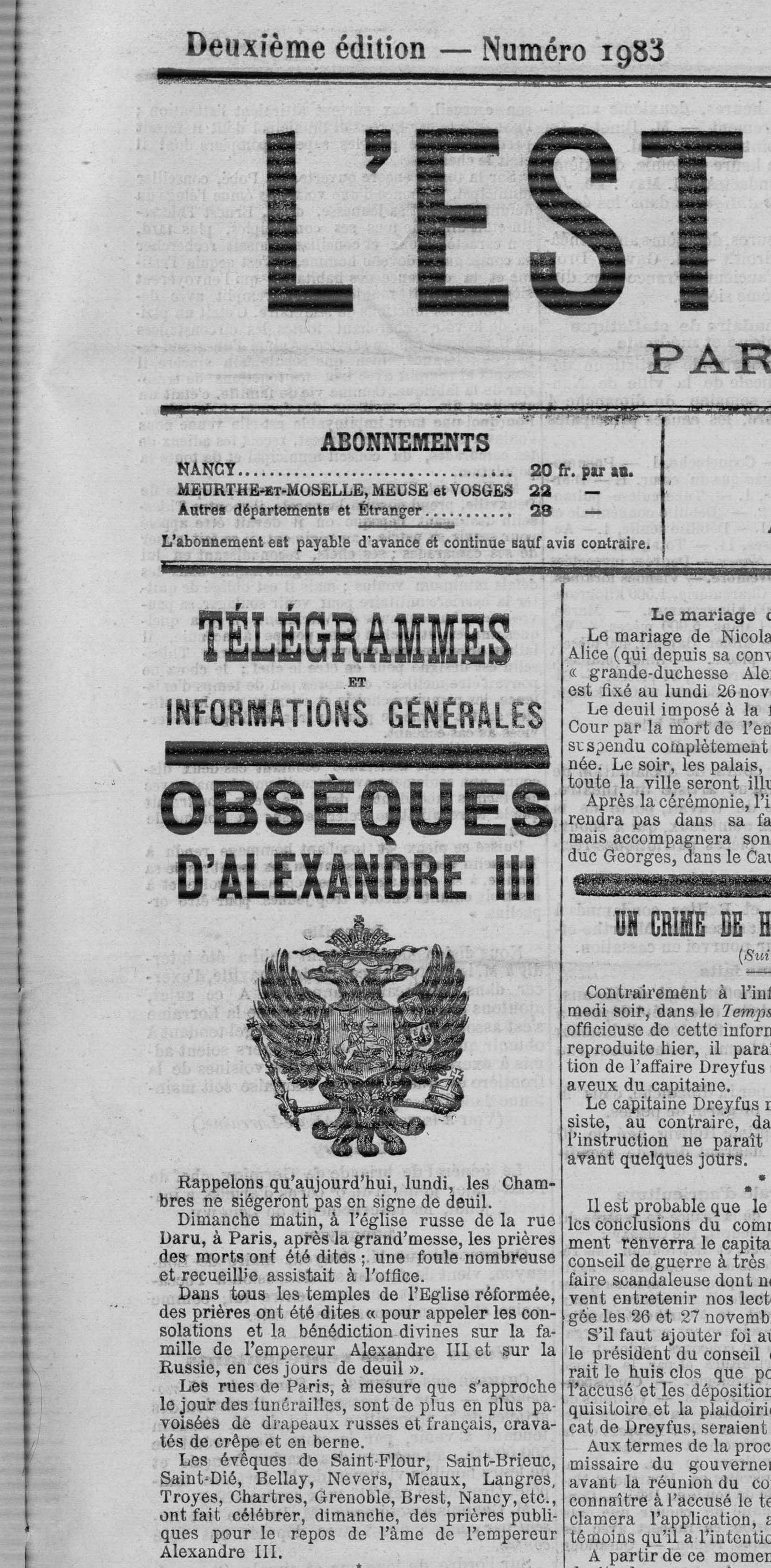 Contenu du L'Est Répuclicain du 19 novembre 1894