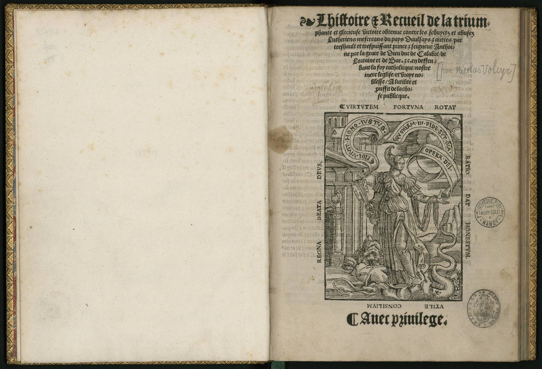 Contenu du L'histoire & recueil de la triumphante et glorieuse victoire obtenue contre les seduyctz et abusez Lutheriens mescreans du pays D'Aulsays & autres…