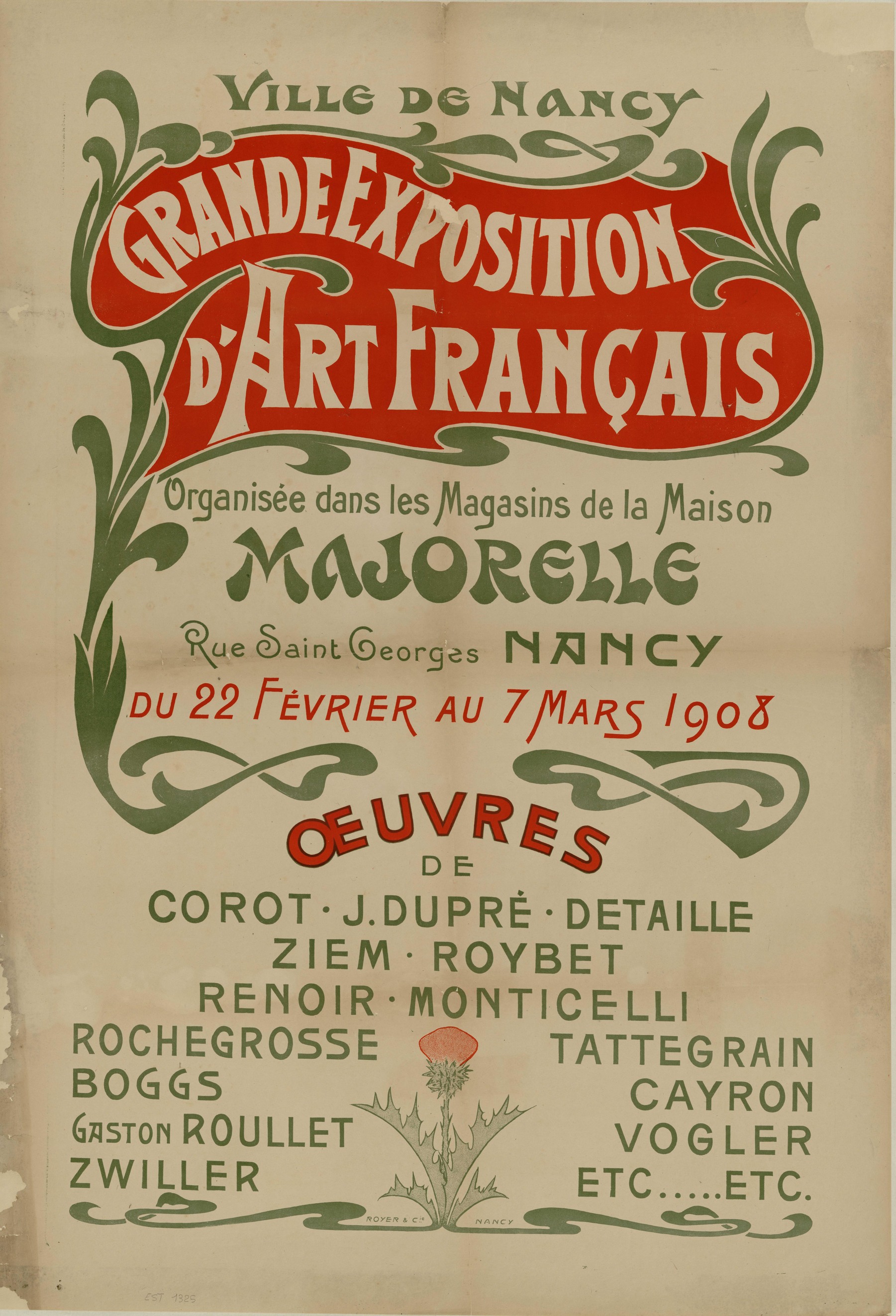 Contenu du Grande exposition d'art français organisée dans les magasins de la Maison Majorelle rue Saint-Georges Nancy du 22 février au 7 mars 1908