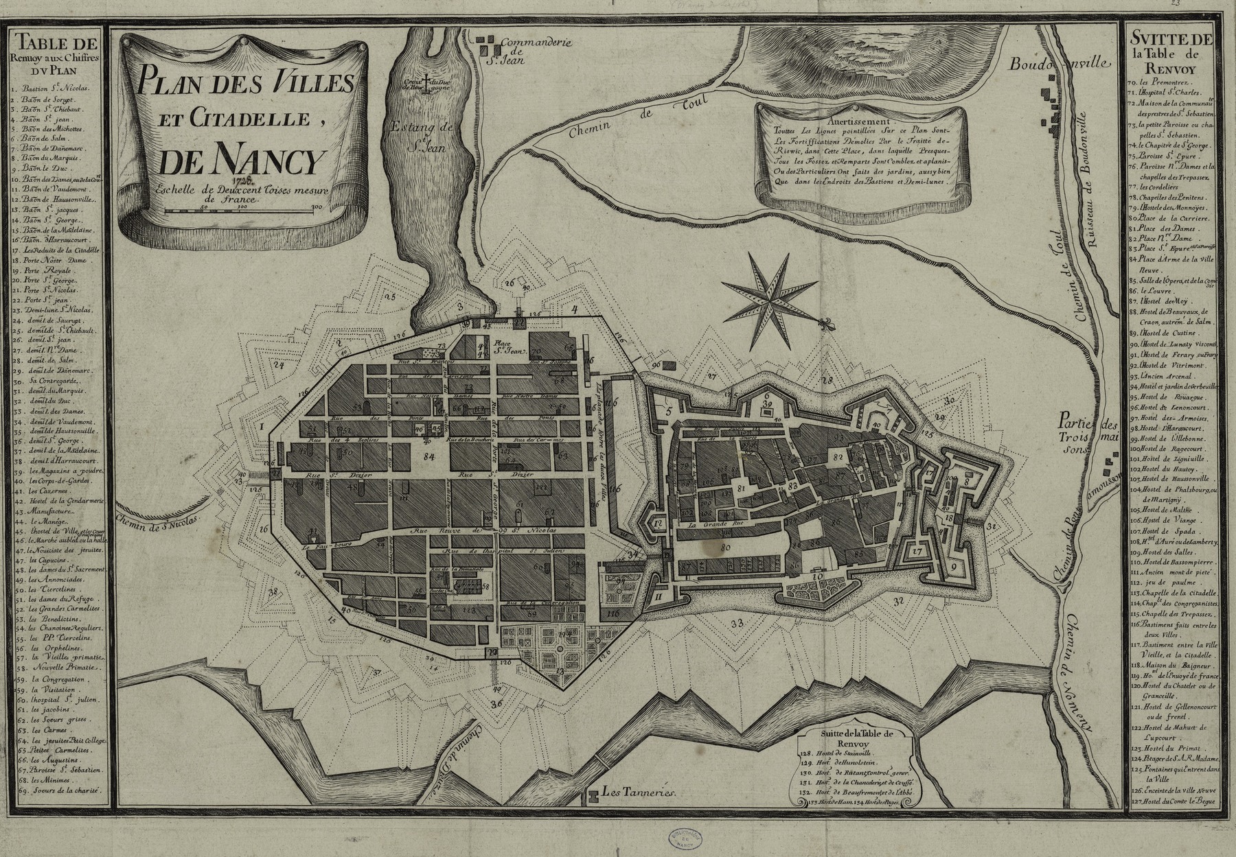 Contenu du Plan des villes et citadelle de Nancy (1728)