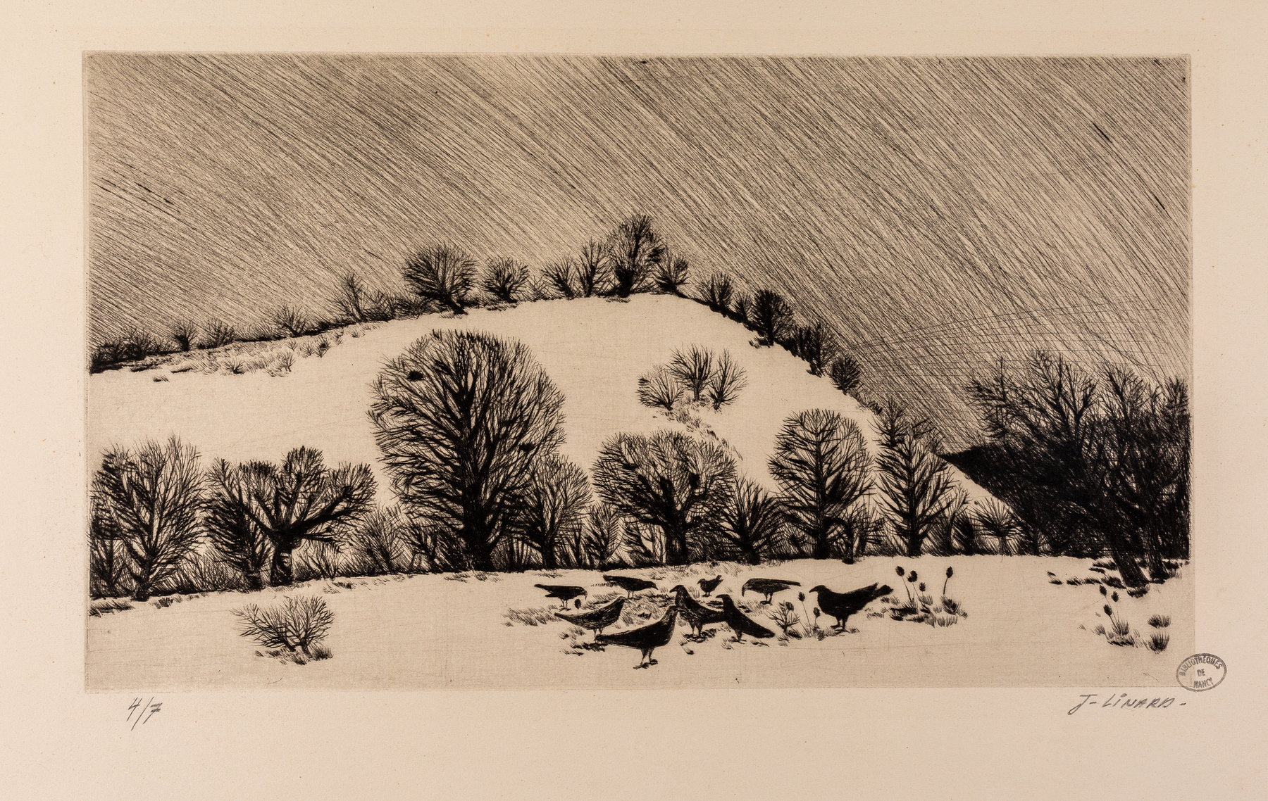 Contenu du Sans titre : paysage de neige avec un groupe de corbeaux au premier plan