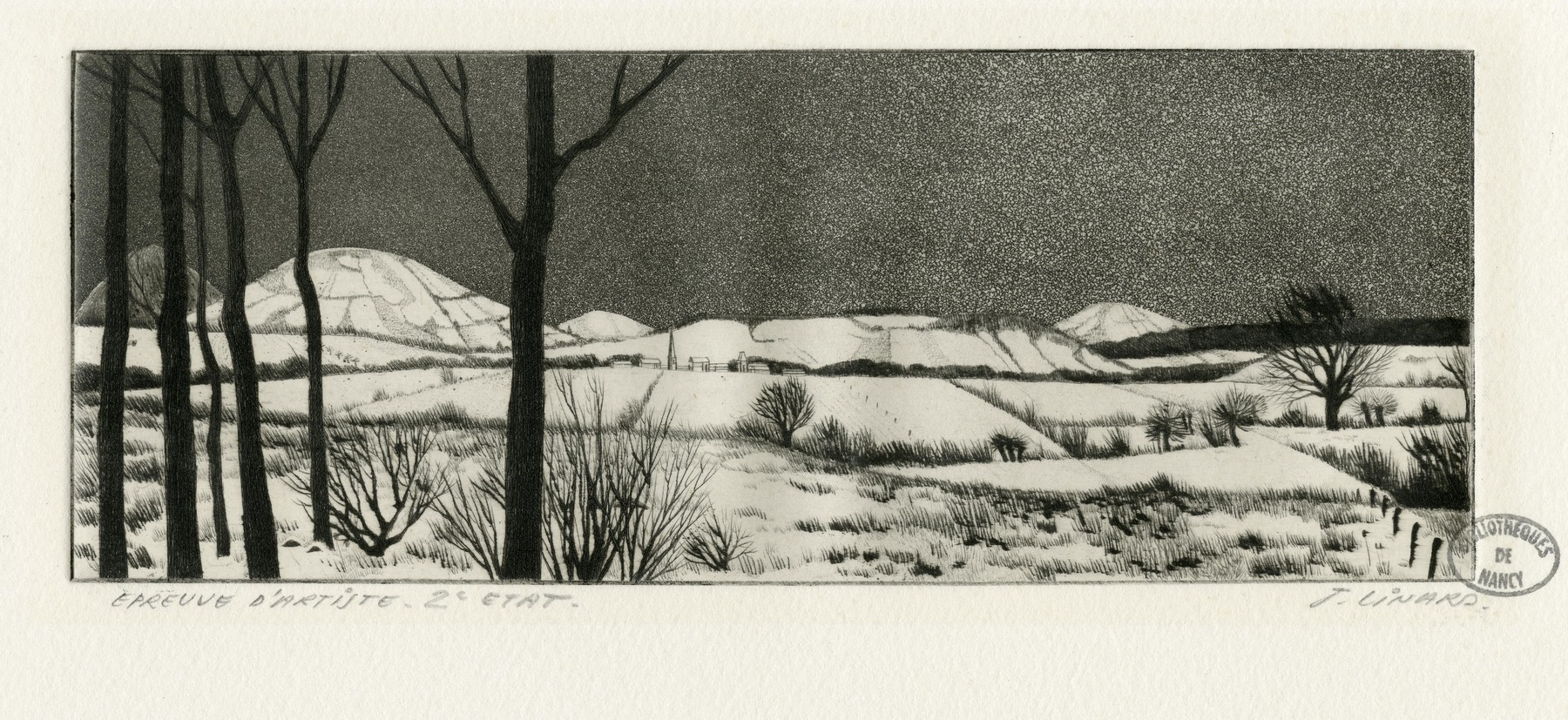 Contenu du Sans titre : paysage de neige avec colline au fond