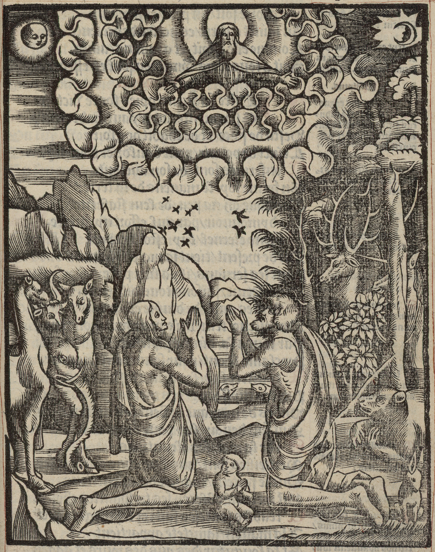 Contenu du Adam et Eve (?) prient à genoux entourés d'animaux, de lapins et d'un enfant