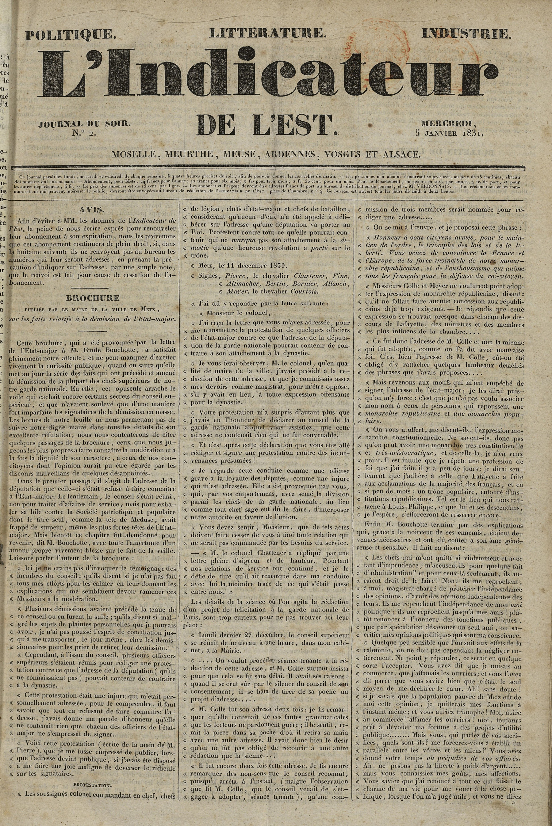 Contenu du L'Indicateur de l'Est