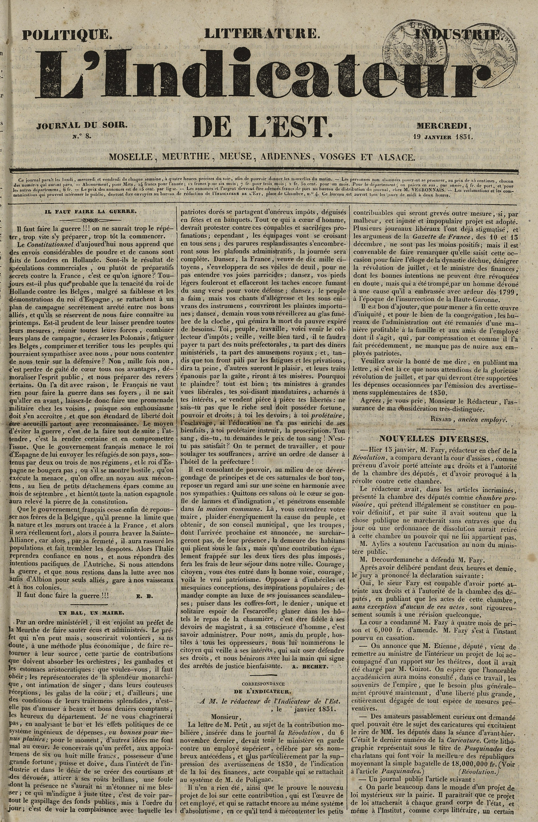Contenu du L'Indicateur de l'Est