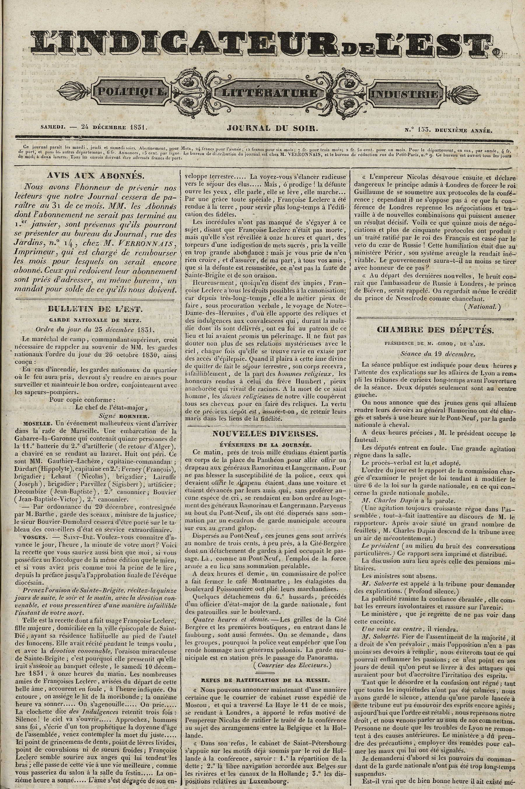 Contenu du L'Indicateur de l'Est