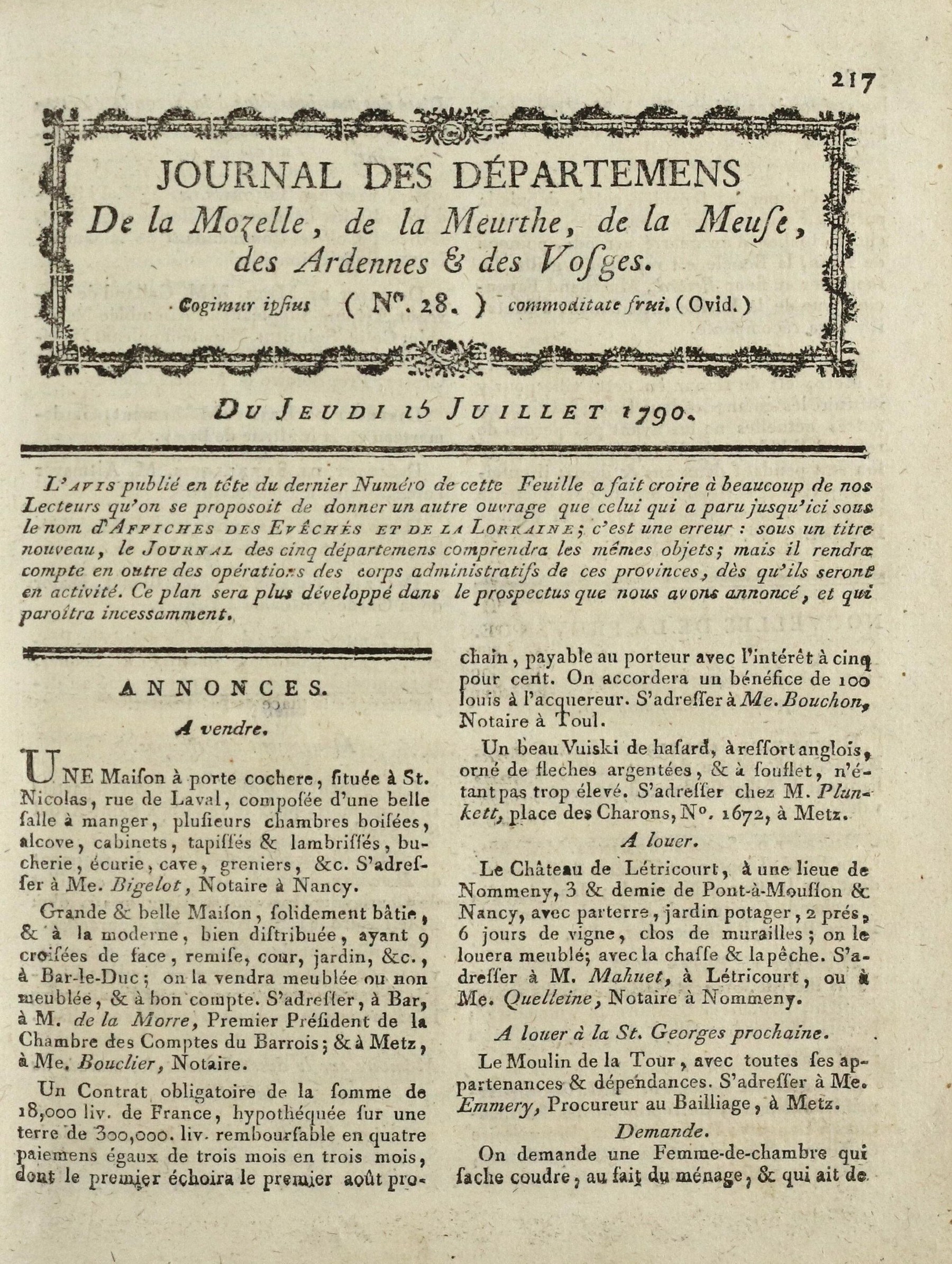 Contenu du Journal des Départements de la Moselle, de la Meurthe, de la Meuse, des Ardennes et des Vosges