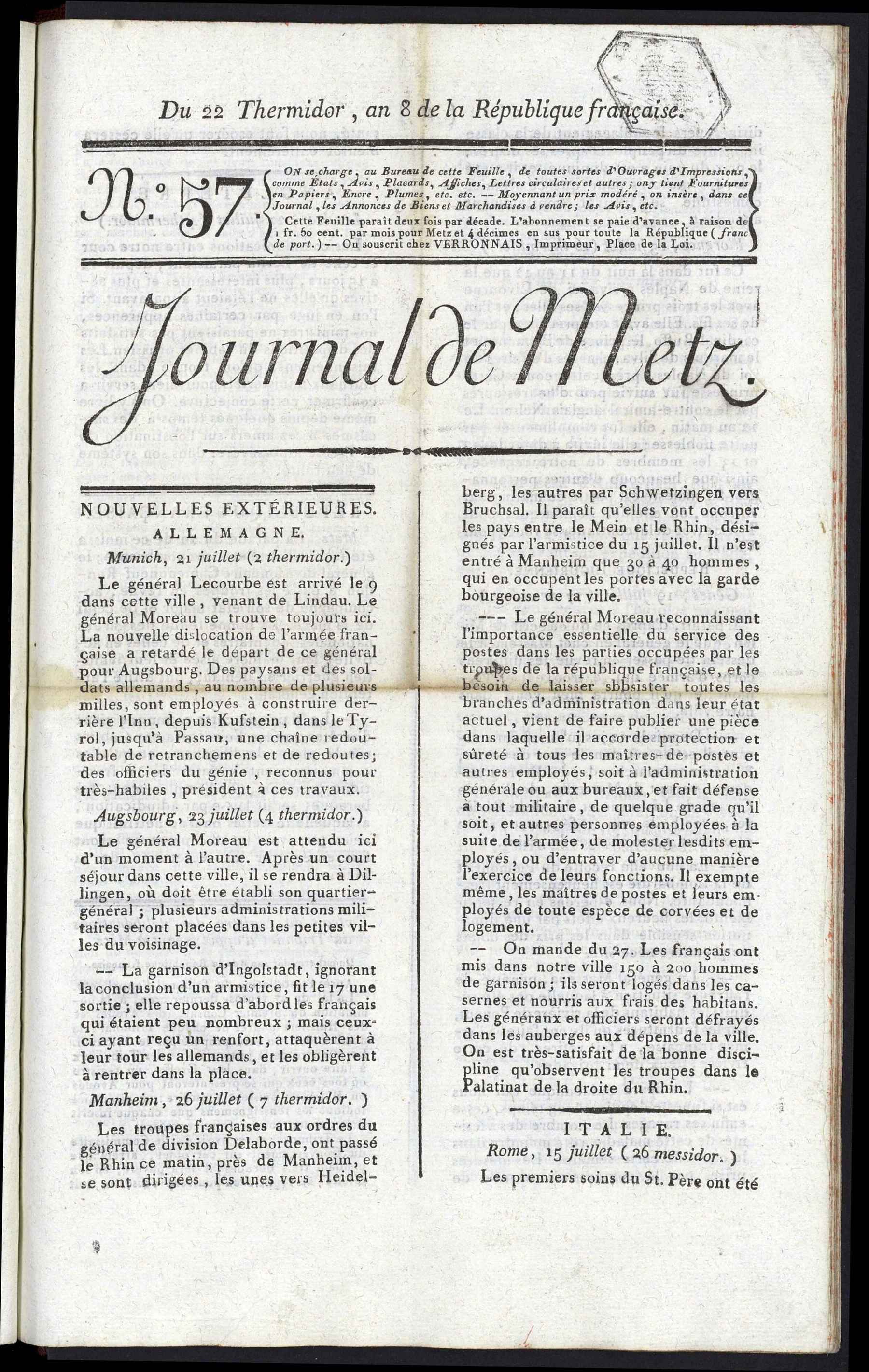 Contenu du Journal de Metz : nouvelles des armées