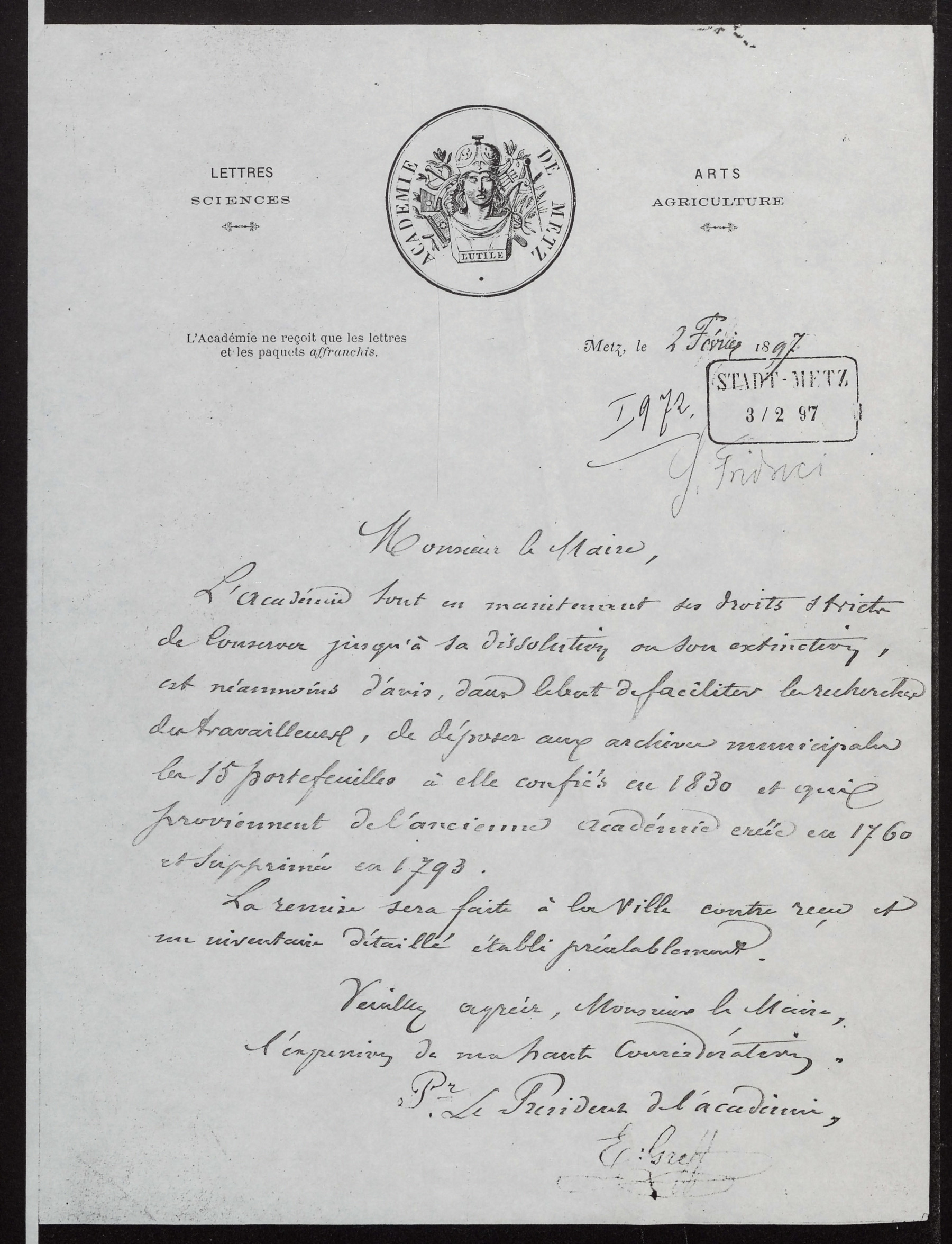Contenu du Archives de l'Académie nationale de Metz. Volume 3 : Institution, conditions d'existence, fonctionnement de la Société