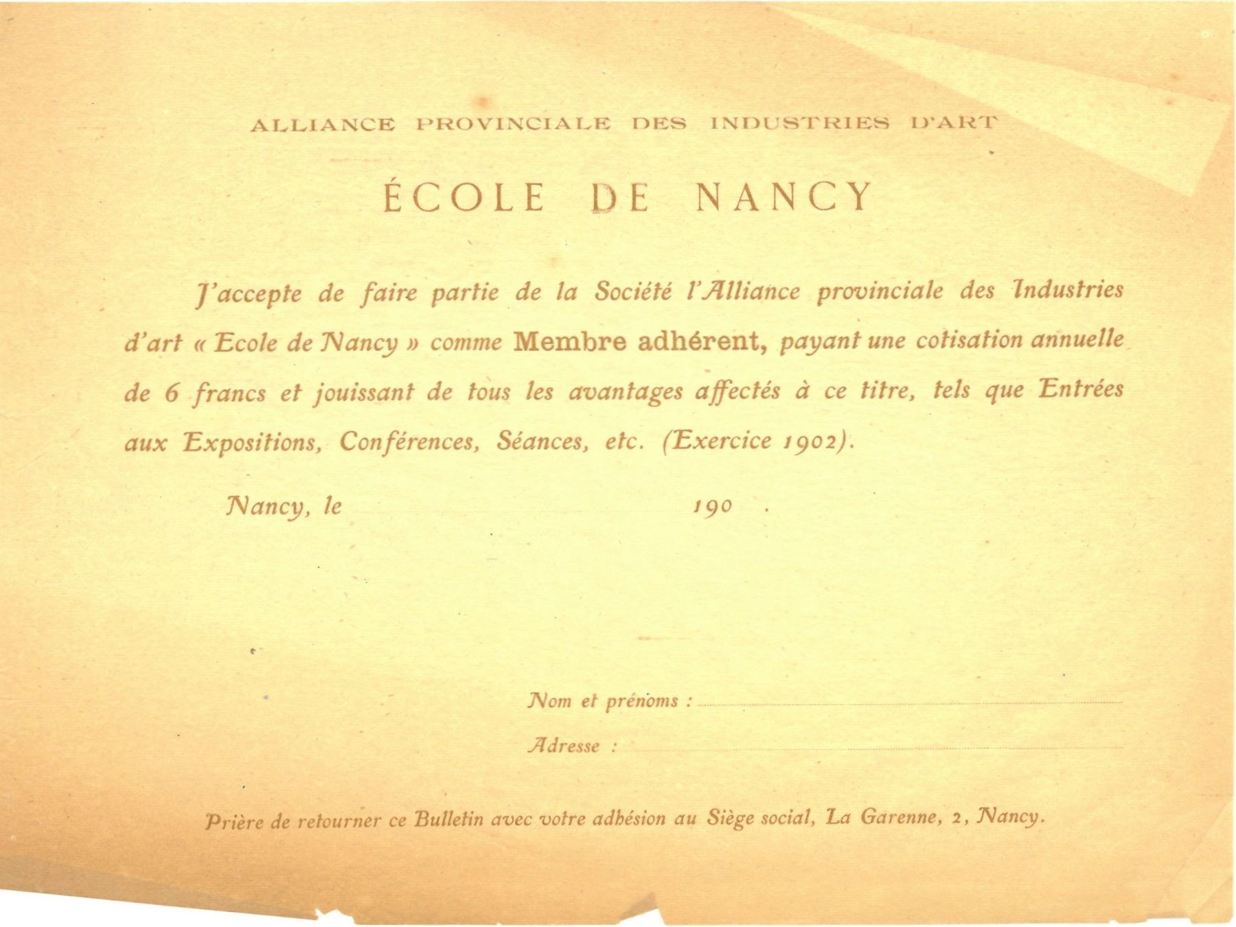 Contenu du Bulletin d'adhésion de l’École de Nancy