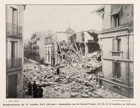 Bombardement du 17 octobre 1917 (avion). Immeubles rue du Grand-Verger, 47…