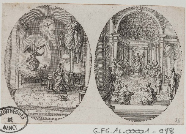 Planche contenant deux compositions ovales de la Vie de la Vierge : L'anno…