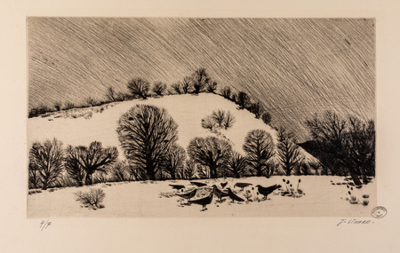 Sans titre : paysage de neige avec un groupe de corbeaux au premier plan