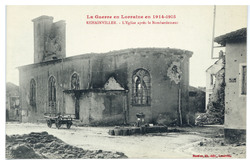 Rehainviller. L'église après le bombardement, la guerre en Lorraine en 191…