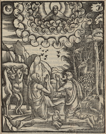 Adam et Eve (?) prient à genoux entourés d'animaux, de lapins et d'un enfa…