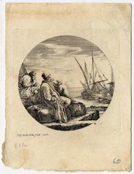 Paysages et ports de mer, dans des ronds : Deux marchands turcs, l'un assi…