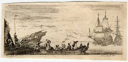 Divers embarquements : A gauche, sur une pointe du mole, on voit deux sent…