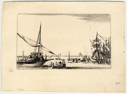 Suite de huit Marines : Une galère arrive dans le port, plusieurs barques …