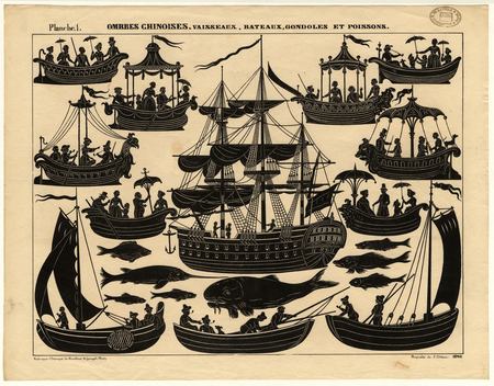 Ombres chinoises : vaisseaux, bateaux, gondoles et poissons