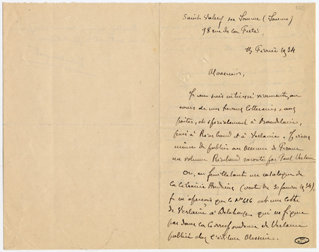 Lettre autographe signée de Jules Mouquet à un collectionneur d'autographes