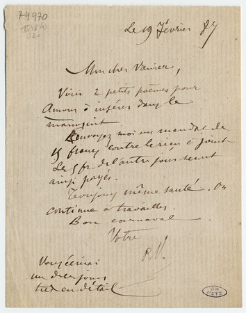 Lettre autographe à Léon Vanier