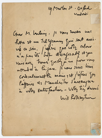 Lettre autographe signée de William Rothenstein à Paul Verlaine, avec au v…