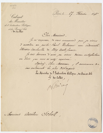 Lettre signée de Raymond Poincaré, ministre de l'Instruction publique, des…