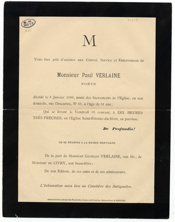 Lettre d'invitation de la part de Georges Verlaine, son fils, et monsieur …