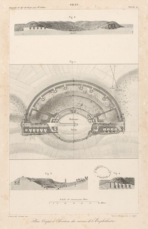 Gran[d]. Plan, coupes et élévation des ruines de l'Amphithéâtre
