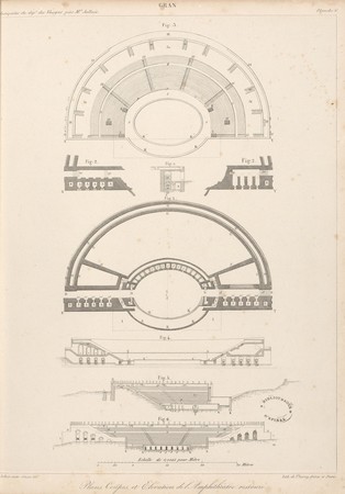 Gran[d]. Plans, coupes et élévation de l'Amphithéâtre restauré