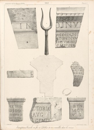 Gran[d]. Inscriptions, fourche en fer et débris de vases recueillis dans l…