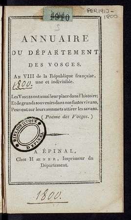 Annuaire du département des Vosges, an VIII de la République française une…