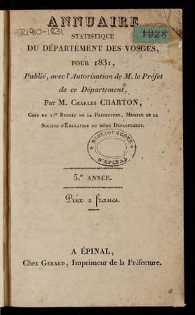 Annuaire statistique du département des Vosges, pour 1831