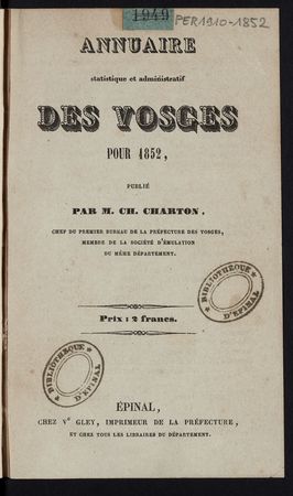 Annuaire statistique et administratif des Vosges pour 1852