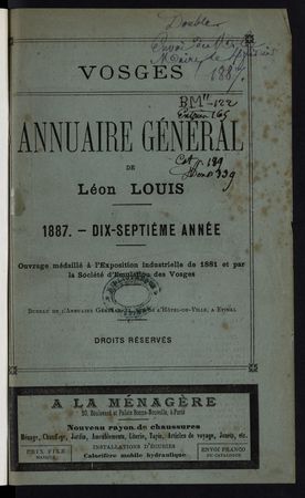 Vosges Annuaire général de Léon Louis année 1887